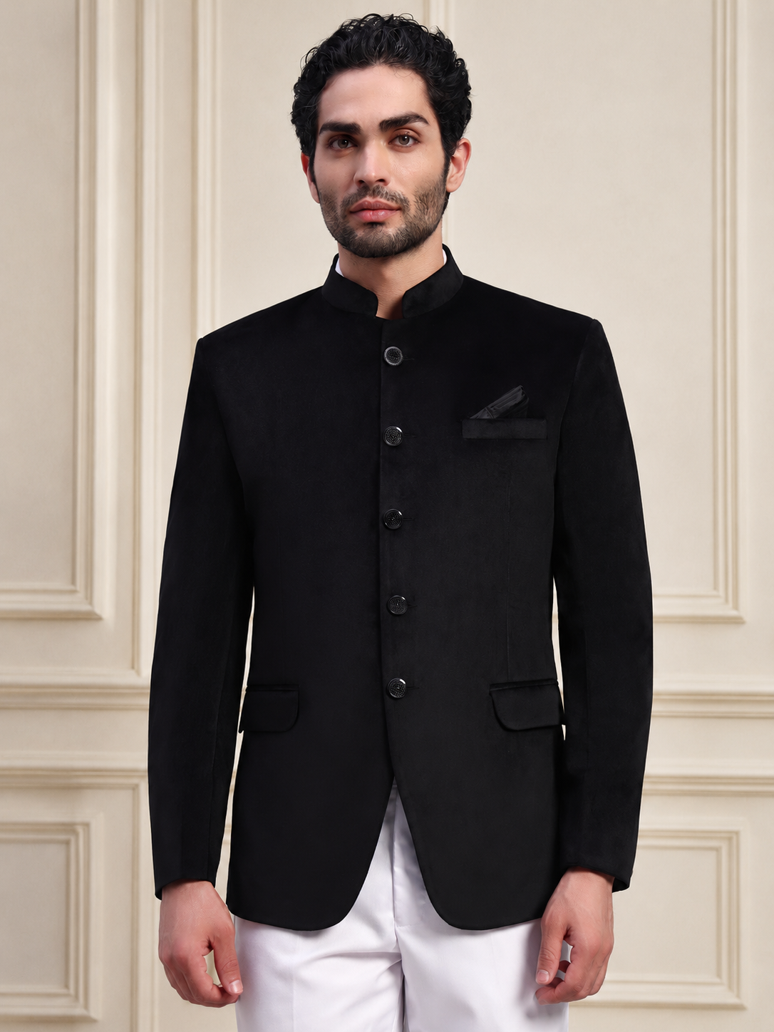 Men's Black Velvet Bandhgala Party Wear Blazer